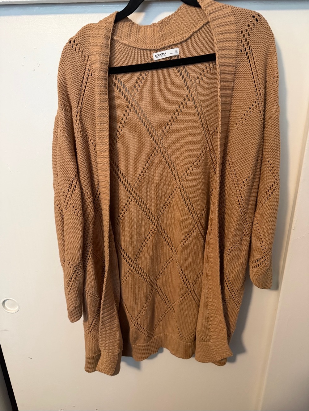 Sonoma Light Camel Open-Front Diamond Knit Cardigan